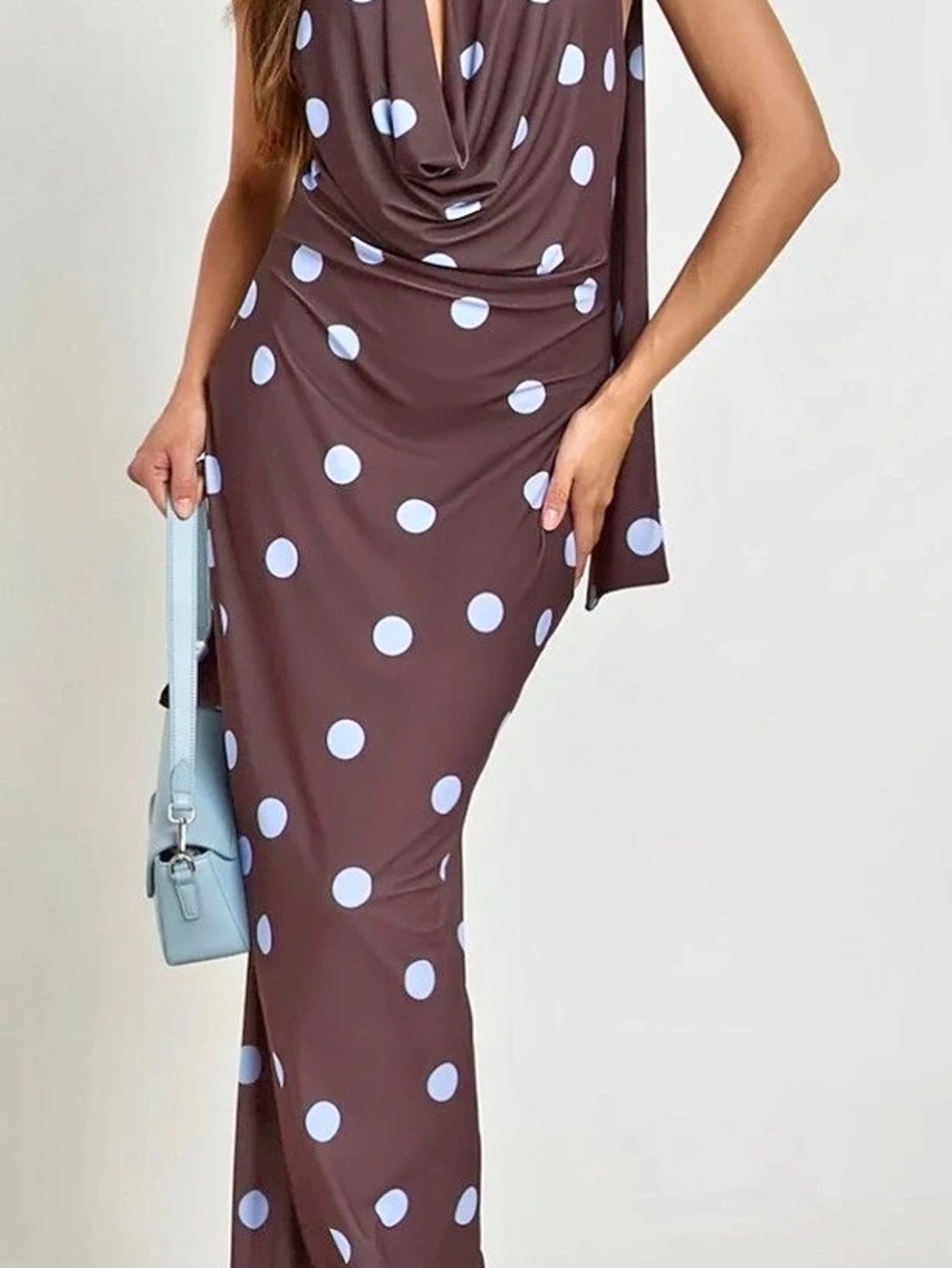 Pretty Little Thing Satin Cowl Neck Scarf Maxi Dress in Brown Polka Dot Print Br